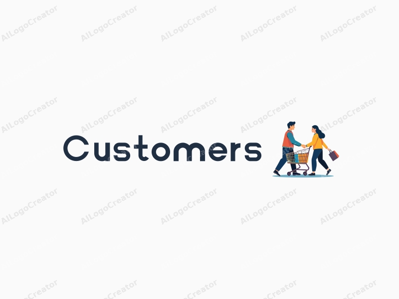 a modern design featuring a stylized customer and shopper interacting with a shopping cart and shopping bag, combined with a clean background.