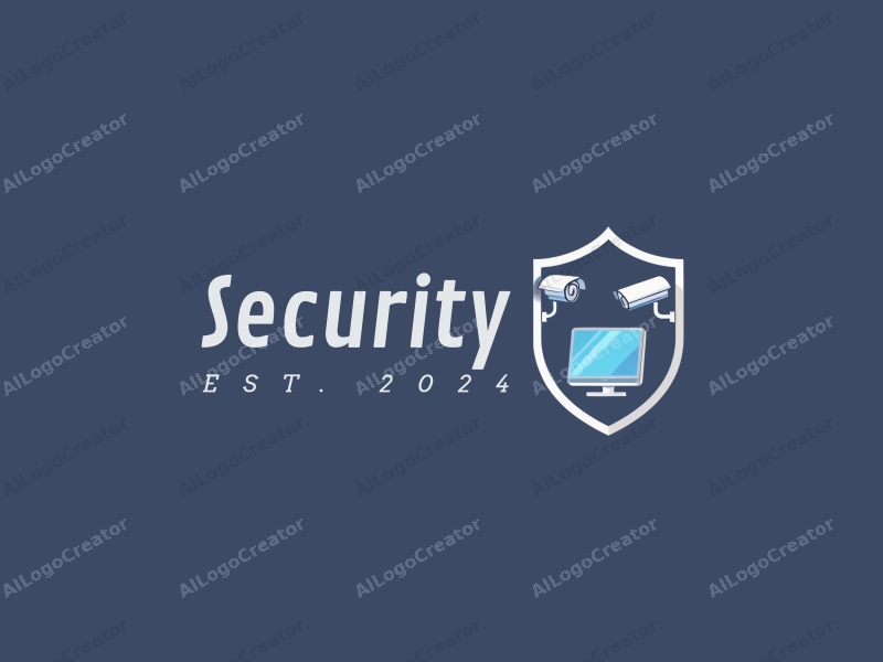 modern design features a stylized shield, a sleek surveillance camera, and a monitor, combined with a clean background and a focus on security themes.