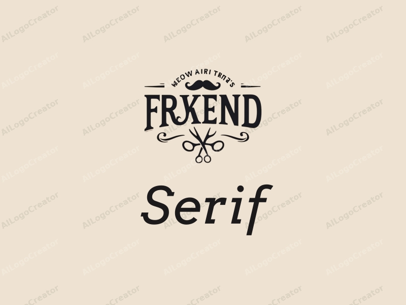 vintage design features elegant serif fonts, a stylized mustache, and scissors, combined with a clean background.