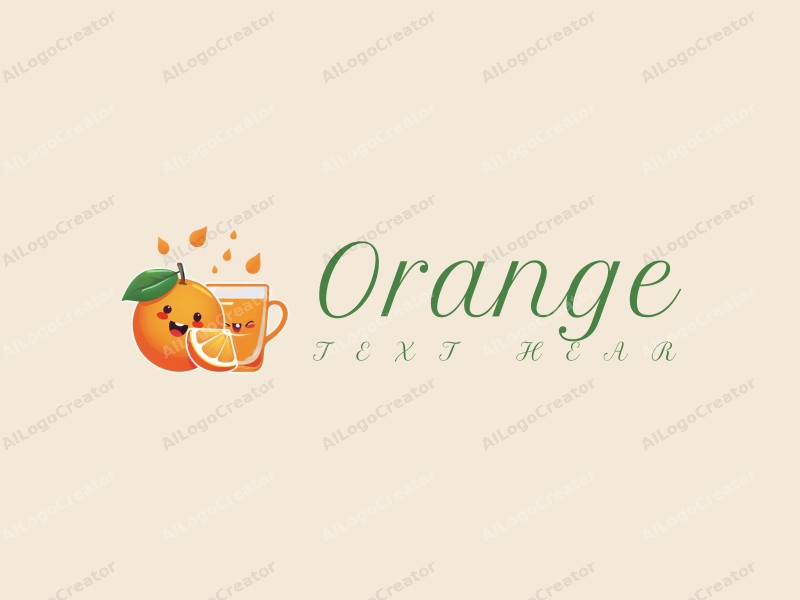 playful design features a stylized orange and juice, a cheerful smiling face, and a cup, combined with a clean background.