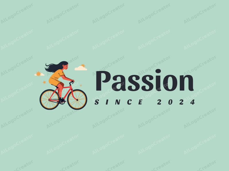 playful design features a stylized girl riding a bicycle, embodying passion and enthusiasm, combined with a clean background.