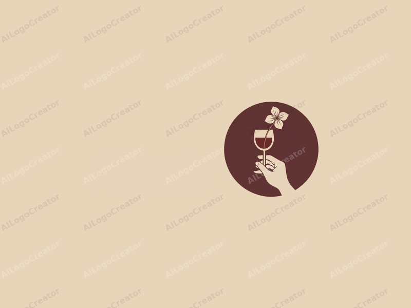 a modern design featuring a hand holding a wine glass with a flower, using deep burgundy, soft gold, and beige colors, combined with a clean background.