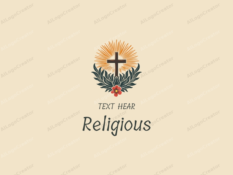 vintage design features a prominent cross symbol, surrounded by radiant light and elements representing peace, combined with a clean background.