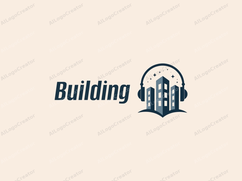 modern design features a stylized building and structure integrated with headphones, utilizing a clean and minimalistic approach combined with a simple background.