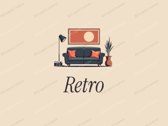 vintage design features a retro sofa and a retro poster, combined with a camera and flash, set against a clean background.