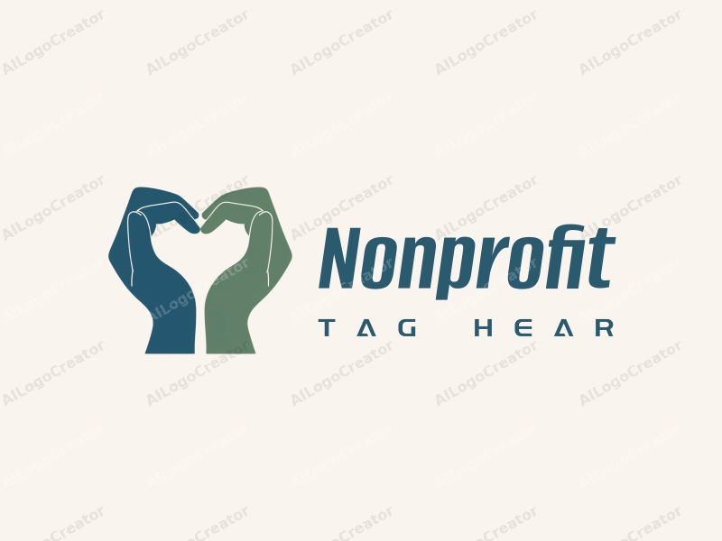 a modern minimalist design featuring a heart shape formed by hands, symbolizing charity and volunteer work, with a clean background in blue and green tones.