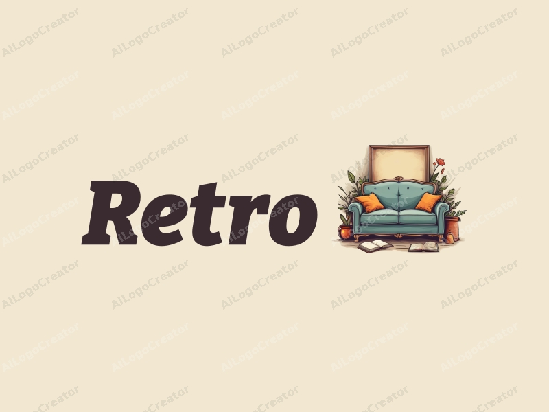 vintage design features a retro sofa and a retro poster, combined with elements of bread and a notebook, set against a clean background.