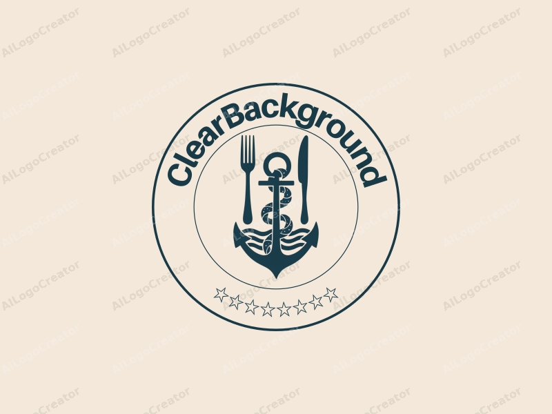 minimalist design features a stylized anchor intertwined with ocean waves, accompanied by simple dining utensils, all set against a clean, transparent background.