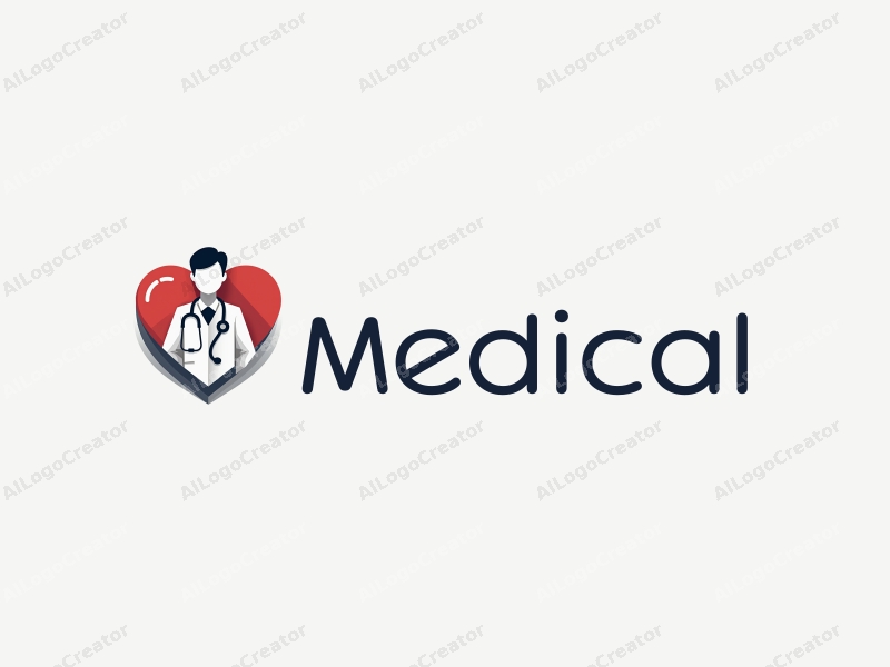 modern design features a stylized hospital silhouette, a doctor figure, a stethoscope intertwined with a heart, combined with a clean background.