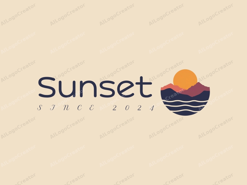 vintage design features a stylized sunset over mountains, with gentle waves in the foreground, using a harmonious blend of orange and purple colors against a clean background.