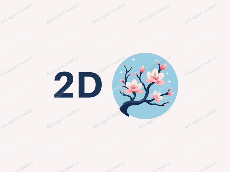 a modern design featuring stylized cherry blossoms swaying in the wind, utilizing a blue color palette, with a clean and flat 2D approach, creating a harmonious and simple composition.