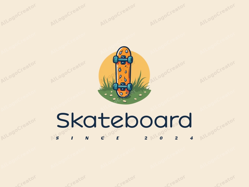 playful design features a vibrant skateboard on a grassy background, incorporating a fun and dynamic composition with simple shapes and clean lines.