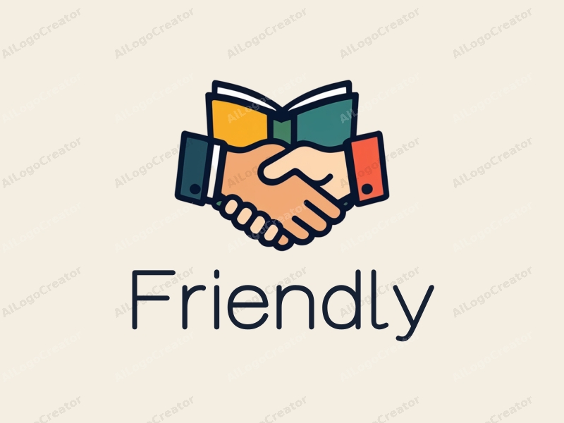 playful design features a stylized book and a handshake, combined with a clean background, emphasizing friendship and community in an educational and social context.