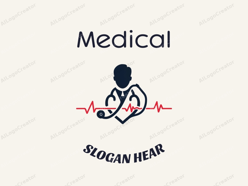 modern design features a stylized hospital silhouette, a doctor figure, a stethoscope intertwined with a heartbeat line, combined with a clean background.