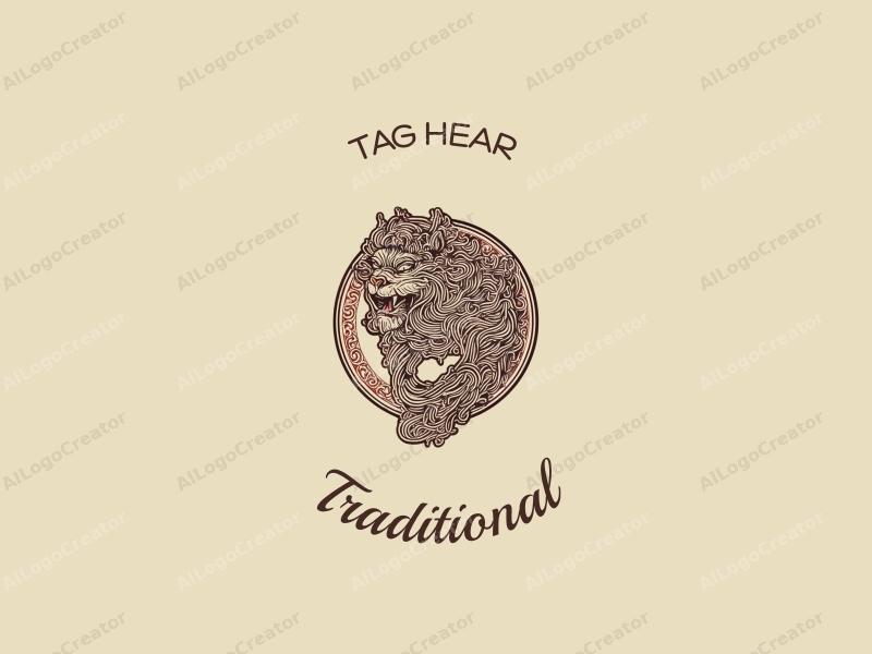 vintage design features a stylized tiger intertwined with elegant calligraphy, incorporating traditional motifs, set against a clean beige background with brown accents.