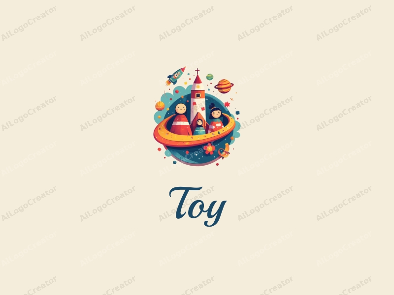 playful design features whimsical dolls and puzzles intertwined with colorful spaceships and planets, creating a vibrant and imaginative scene against a clean background.