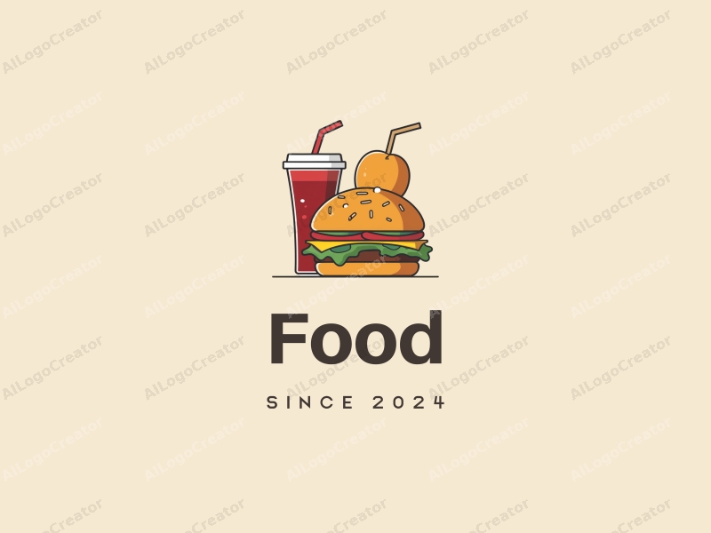 a modern design featuring a stylized burger and beverage, with vibrant colors and a clean background, emphasizing the deliciousness of food in a harmonious composition.