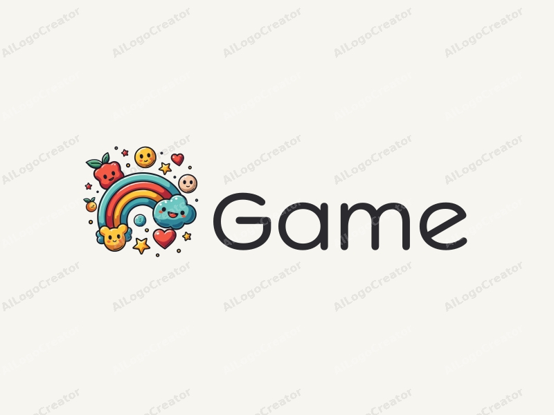 playful design features vibrant game elements, whimsical toy motifs, stars, and rainbows combined with a clean background.