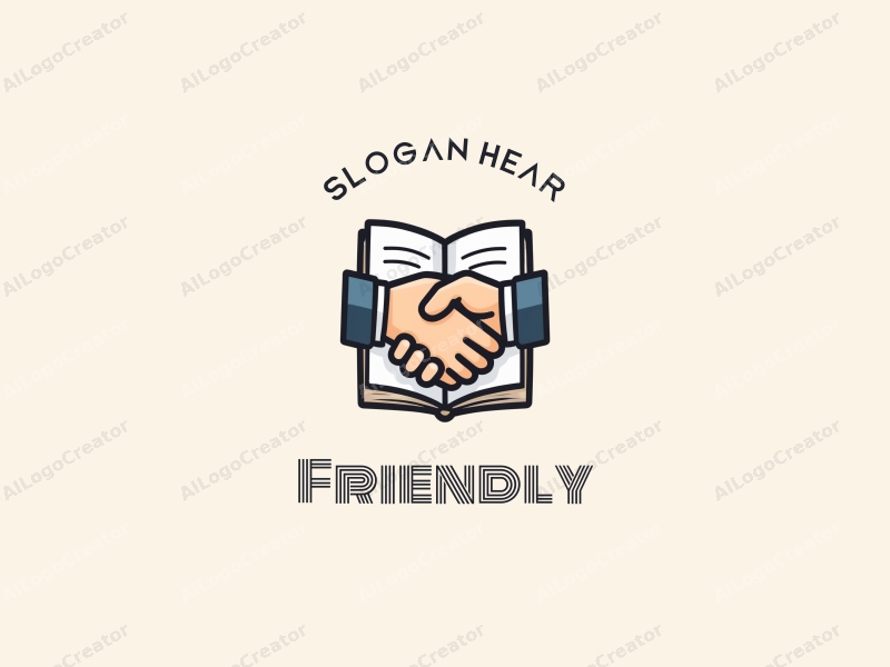 playful design features a stylized book and a handshake, combined with a clean background, emphasizing friendship and community in an educational and social context.