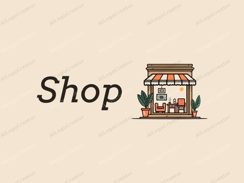 a modern design featuring a stylized shop front, incorporating elements of furniture and rattan weaving, with a clean and simple background.