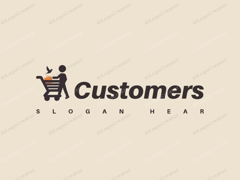 modern design features a stylized shopping cart, a silhouette of a shopper, and a small bird, combined with a clean background.