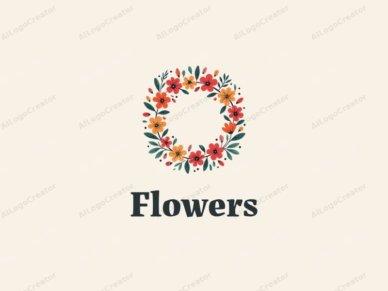 playful design features vibrant flowers and petals arranged in a circular wreath, complemented by playful leaves, all set against a clean background.