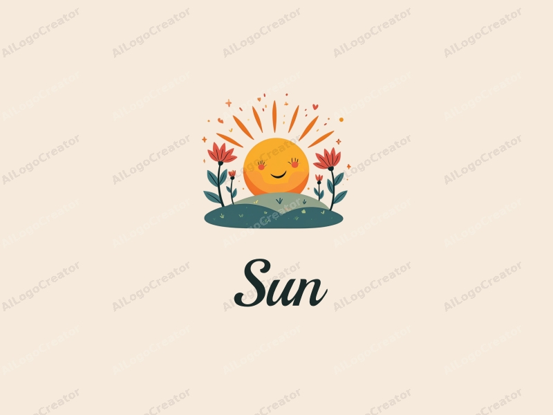 playful design features a bright sun radiating light, surrounded by whimsical flowers and leaves, combined with a clean background.