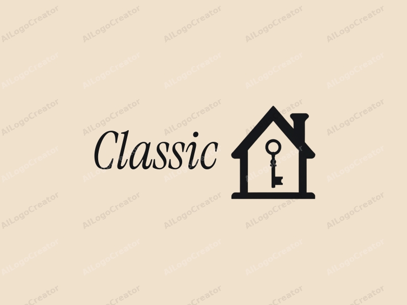 vintage design features a stylized house silhouette and a classic key, combined with a harmonious and clean background.