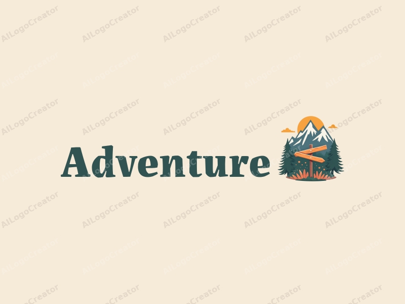 playful design features stylized mountains, a whimsical directional sign, and adventure elements combined with a clean background.