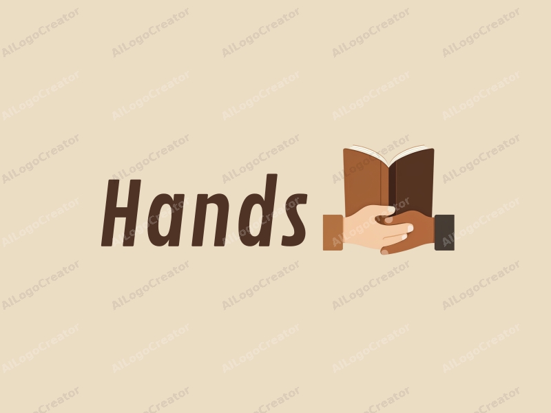 a modern design featuring a hand holding a book, combined with another hand, all in skin tone colors, set against a clean background.