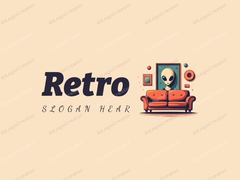 vintage design features a retro sofa and retro poster, combined with an alien head and geometric shapes, set against a clean background.