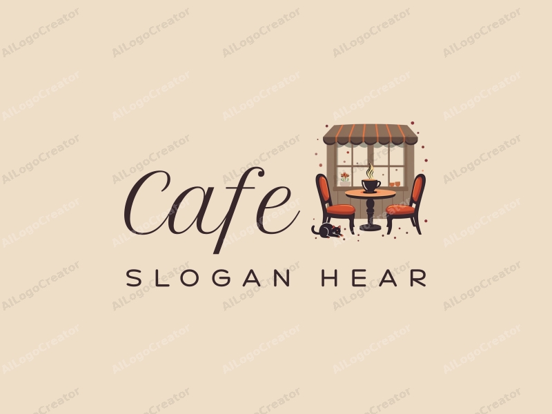 vintage design features a cozy coffee shop scene with stylized tables and chairs, a coffee cup, and a playful cat, combined with a clean background.