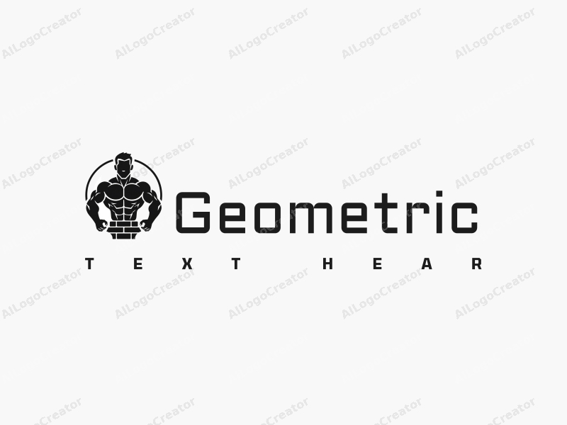 geometric design features a muscular man integrated with square and circular shapes, combined with brick elements, set against a clean black and white background.