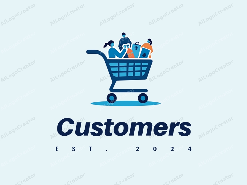 a modern design featuring a stylized shopping cart filled with products, accompanied by abstract representations of customers and shoppers, utilizing a clean and simple composition with a blue color palette.