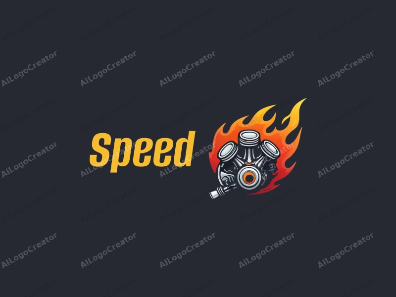 a modern design featuring dynamic elements of speed and power, incorporating stylized flames and an engine silhouette, combined with a clean background.