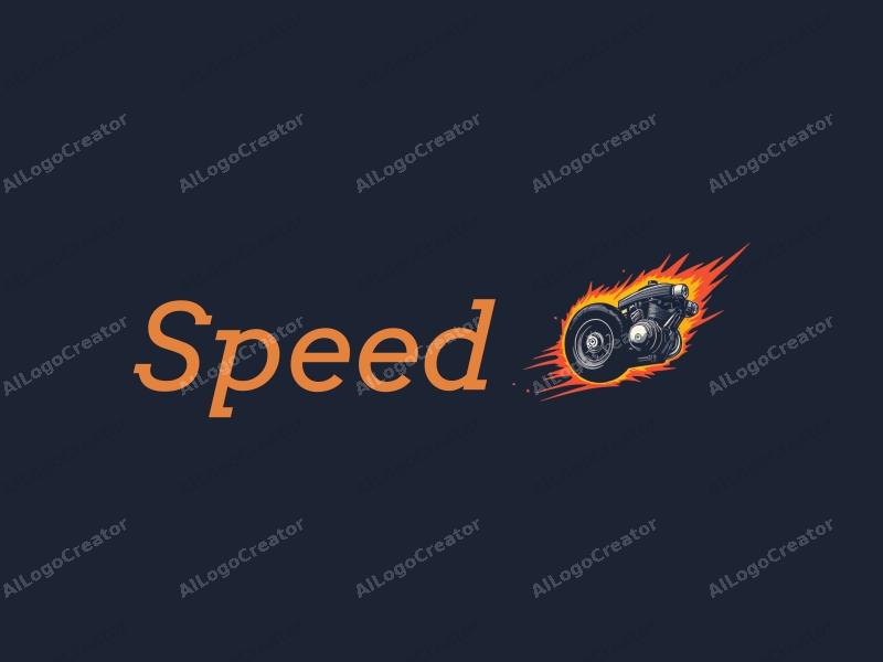 a modern design featuring dynamic lines representing speed, a stylized engine and tire, combined with a clean background to emphasize power and motion.