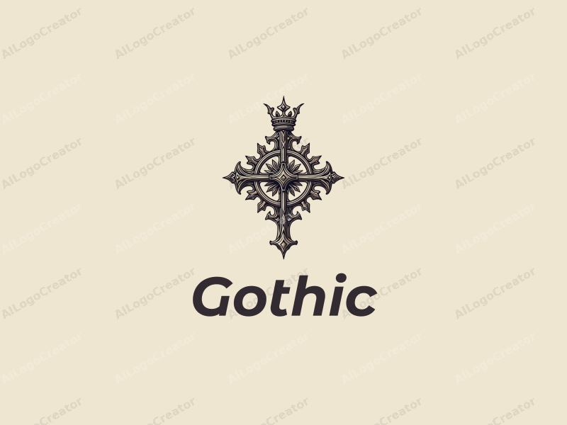 Gothic design features intricate Gothic architecture, stylized Gothic fashion elements, a crown and a cross, combined with a clean background and a harmonious composition.