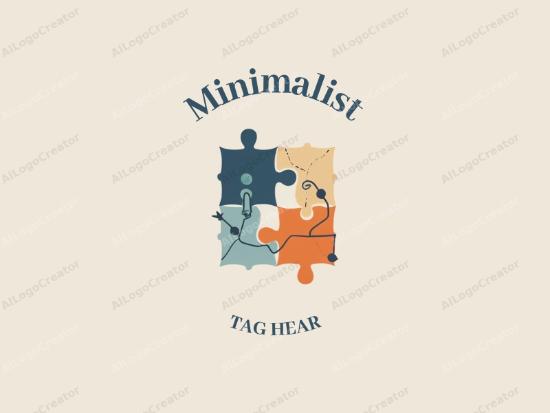 minimalist design features a stylized human figure interacting with puzzle pieces, utilizing a linear design approach combined with a clean background.