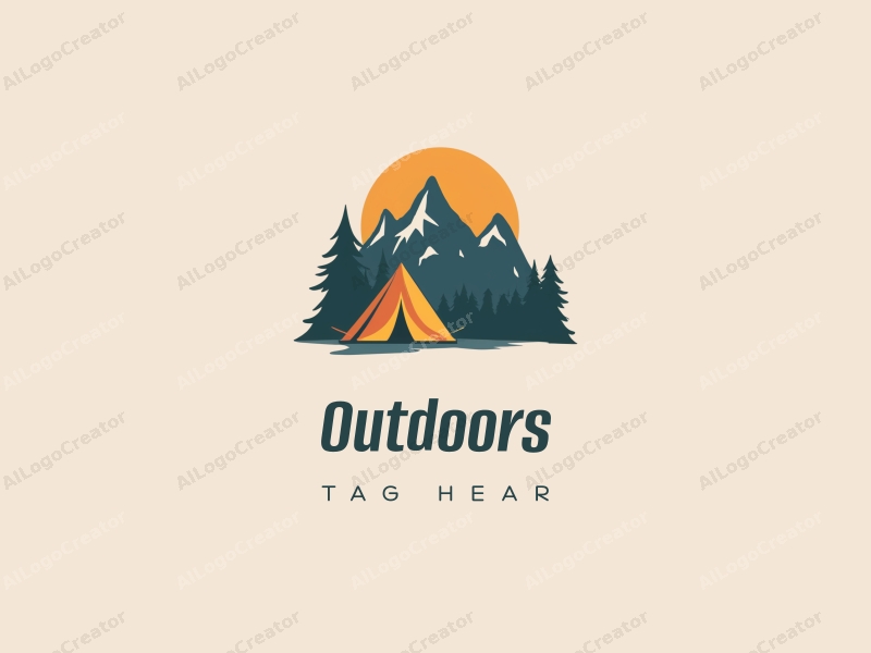 modern design features a stylized camping tent and mountain peak, combined with a clean background and a harmonious composition.