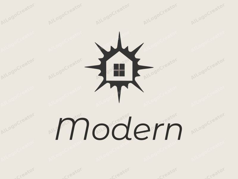 minimalist design features a stylized house silhouette integrated with a compass, utilizing a modern design approach combined with a clean white and gray background.