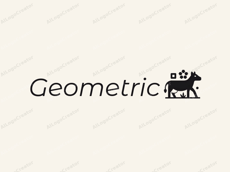 geometric design features a stylized cow and honeycomb shapes, combined with square and circular elements, set against a clean black and white background.