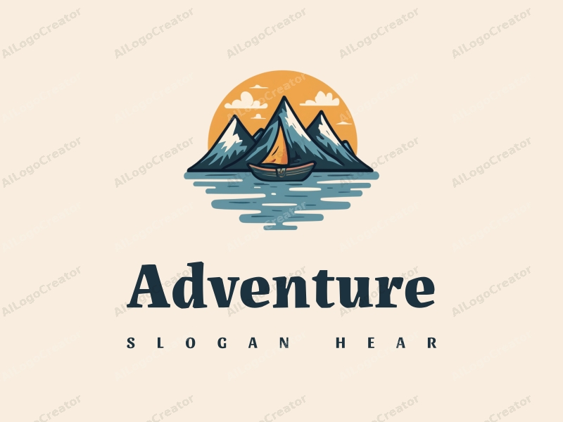 playful design features stylized mountains and sailing elements, combined with adventure and exploration themes, set against a clean background.