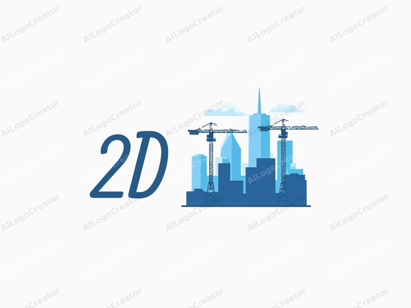 a modern design featuring a stylized city skyline with cranes, incorporating a clean and simple aesthetic with a blue color palette.