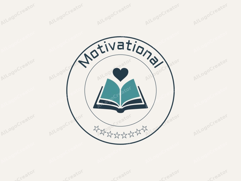 modern design features a stylized book and a heart symbol, representing motivation and encouragement, combined with a clean background in blue and green colors.