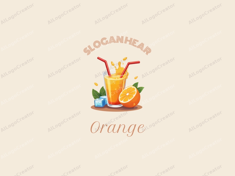 playful design features a stylized orange, a splash of juice, ice cubes, and a straw, combined with a clean background.