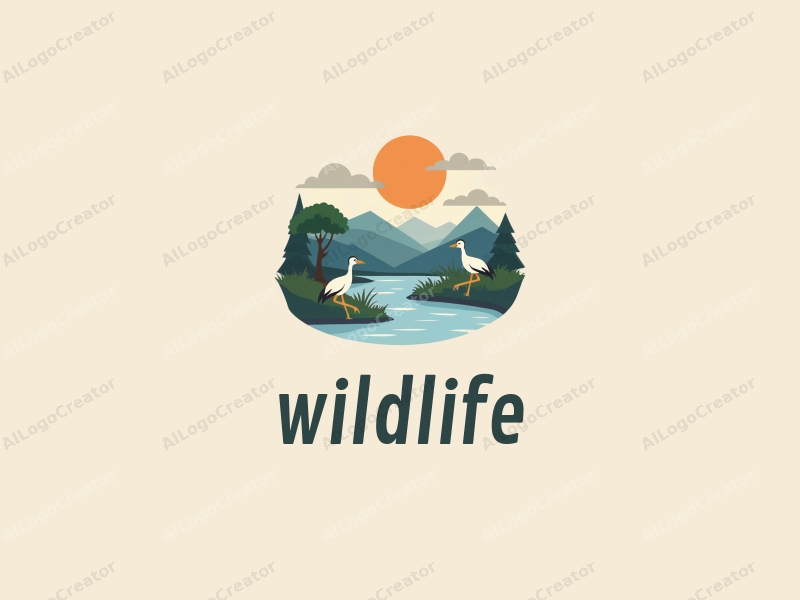 playful design features stylized cranes and serene lakes, combined with natural landscapes and wildlife elements, set against a clean background.