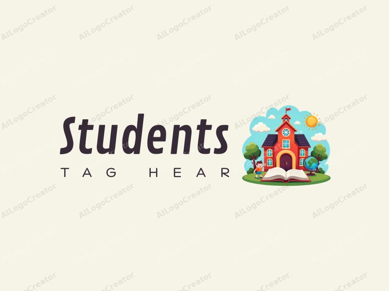 playful design features cheerful students, a stylized school building, open books, and a globe, combined with a vibrant and colorful background.