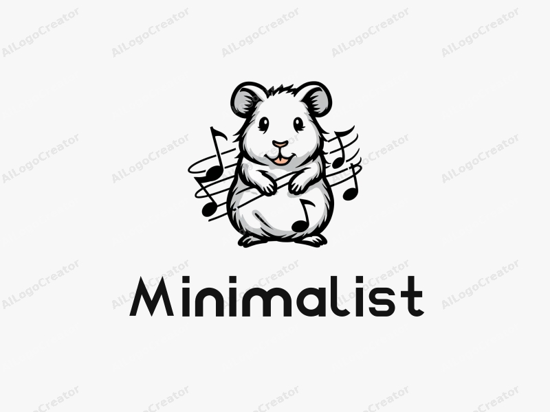 minimalist design features a stylized guinea pig intertwined with musical notes, using a linear design approach combined with a clean black and white background.