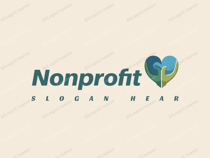 modern design features a heart shape integrated with a hand palm, symbolizing charity and volunteer work, using blue and green colors combined with a clean background.