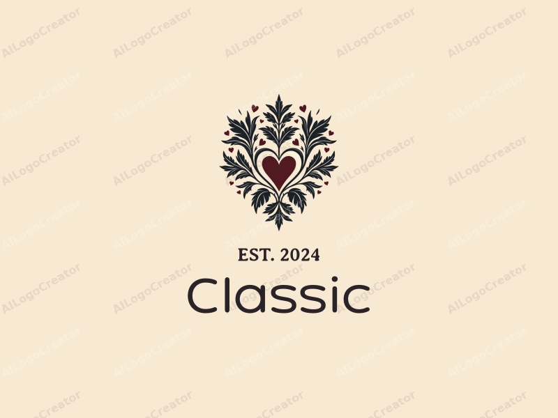 vintage design features classic and traditional motifs, incorporating leaves and heart shapes, with a harmonious blend of dark and neutral colors against a clean background.